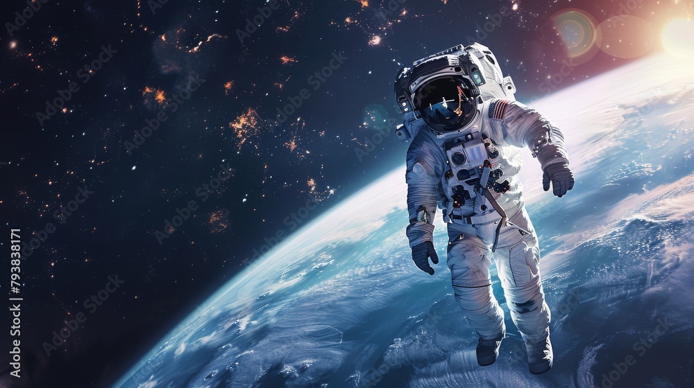 Astronaut floating in the vastness of space with Earth in the background