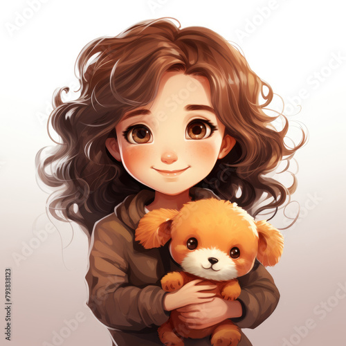 Illustration of girl with dog in her hands. Cute character girl with curly hair, freckles and smile with her pet