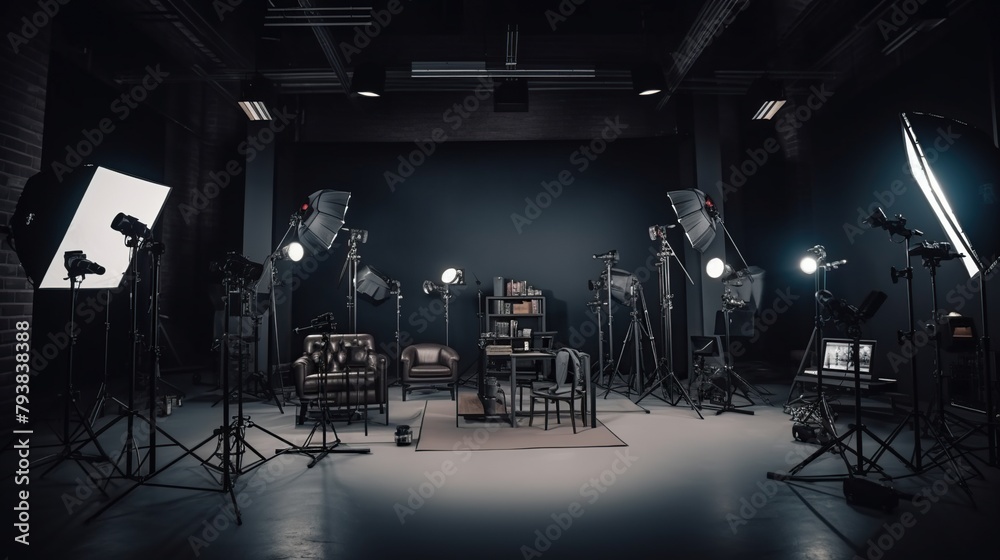 New modern studio dark room design with camera and lighting in preparation for casting. New modern studio dark room design with camera and lighting in preparation for casting.