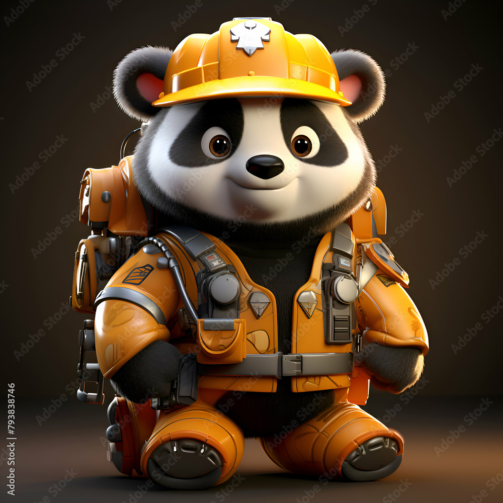 Panda astronaut in helmet and orange suit. 3D rendering. Panda astronaut in helmet and orange suit. 3D rendering.