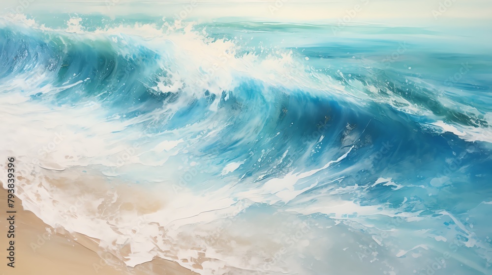 Delight in a birds-eye view of a marble ocean wave crashing onto a sandy beach, capturing a refreshing moment frozen in time Traditional Art Medium,
