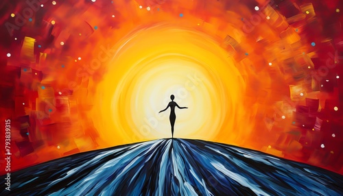 Capture the vibrant energy of a guardian figure standing tall in a serene landscape, blending vibrant colors and serene vibes using acrylic paint photo