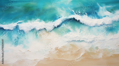 Delight in a birds-eye view of a marble ocean wave crashing onto a sandy beach, capturing a refreshing moment frozen in time Traditional Art Medium,