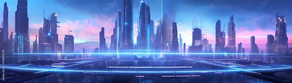 Produce a digital neon-lit cityscape at eye-level angle, showcasing futuristic skyscrapers, hover cars, and a soft glow emanating from advanced technology