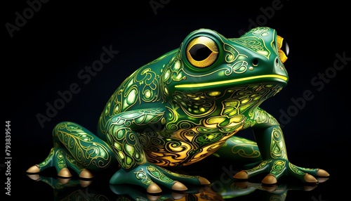 Illustrate a single green frog in intricate detail, its skin appearing to glow with an otherworldly light The frog symbolizing transformation and renewal, surrounded by swirling patterns that evoke a photo