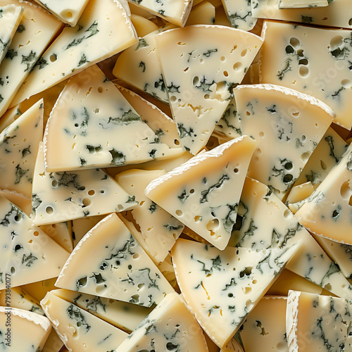 Fondo con detalle y textura de multitud de trozos de queso roquefort con aspecto delicioso