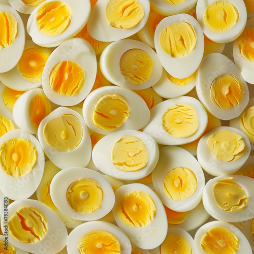 Fondo con detalle y textura de multitud de rodajas de huevo cocido con aspecto delicioso