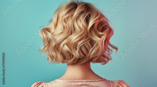 trendy women's hair styling blonde large curls. peach fuzz color, girl in profile with professional hair styling, back view