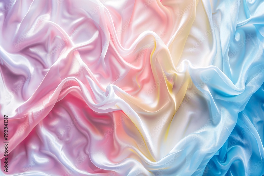 Obraz premium A close-up image of soft, multicolored satin fabric with flowing folds in shades of pink, blue, and white.