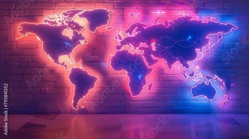 Neon World Map on Brick Wall Background © Оксана Олейник