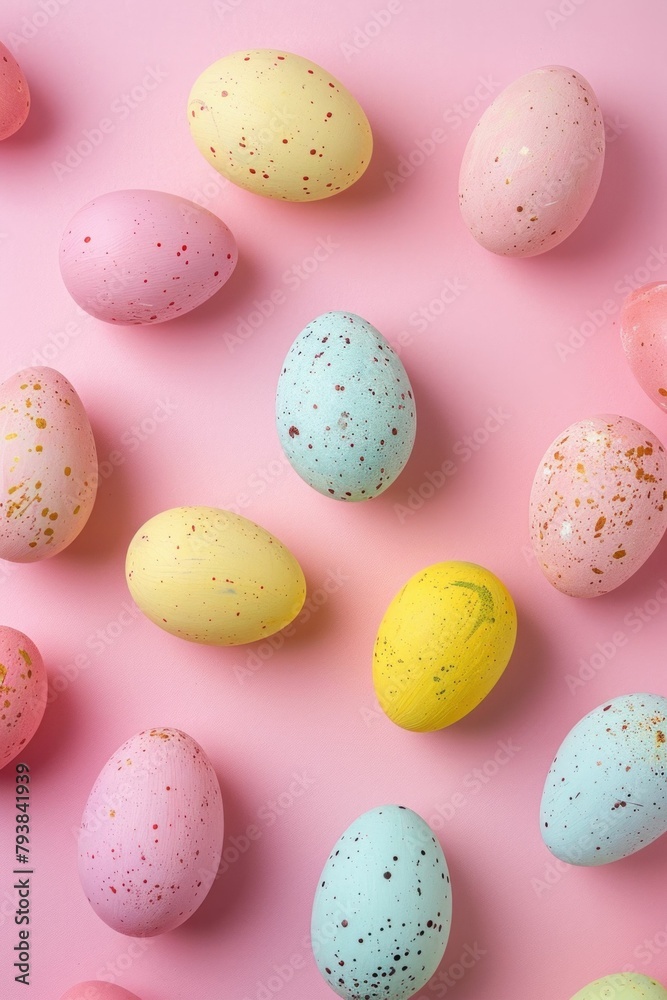 Colorful Easter eggs arranged on a vibrant pink background, top view, flat lay composition for Easter holiday concept