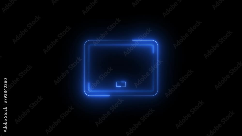 Neon glowing blue color tablet device icon on black background animation Neon glowing blue color tablet device icon on black background animation