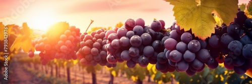 Purple Grapes in vineyard isolated on sunset background. Vineyard With Ripe Grapes Ready For Harvest