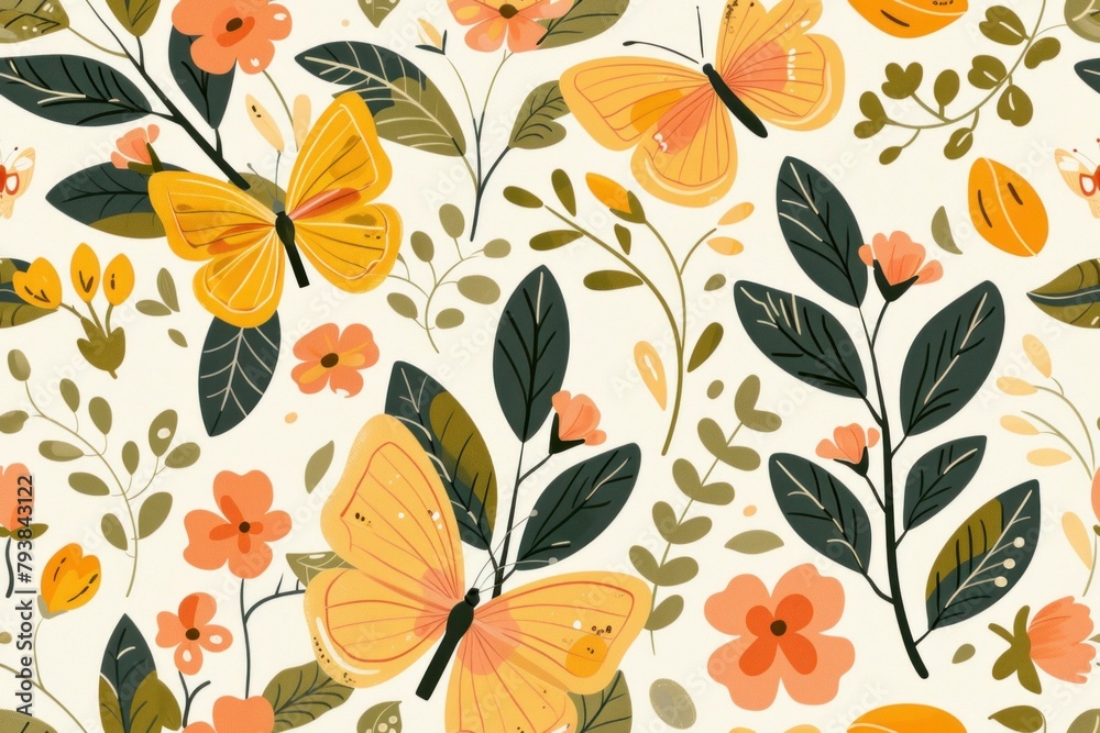 Beautiful Butterflies and Colorful Flowers on a White Background with Orange and Yellow Petals and Leaves Beautiful Butterflies and Colorful Flowers on a White Background with Orange and Yellow Petals and Leaves