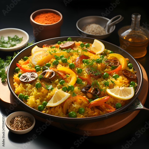 Paella with rice. vegetables. mushrooms and spices on black background