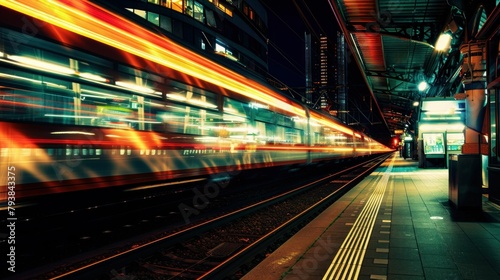 City Train Station Night Scene with Speeding Train on Tracks Amidst Urban Lights and Buildings