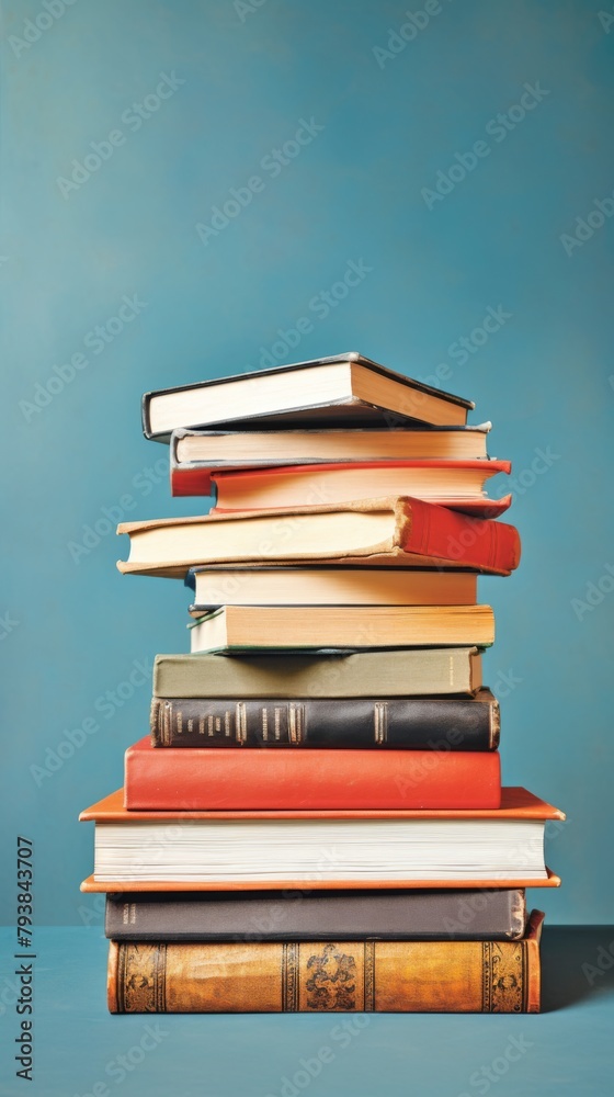 Fototapeta premium Stack of old collectible books on a blue background in portrait format. Vertical orientation