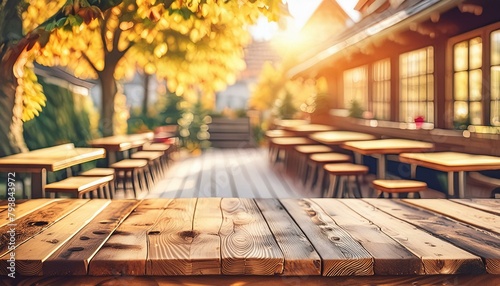 Empty Wooden Table Space: Cozy Rustic Bar Restaurant Cafe with Blurred Pub Interior photo