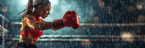  a confident young female boxer in the rain She is wearing boxing gloves and looking at the camera with a determined expression