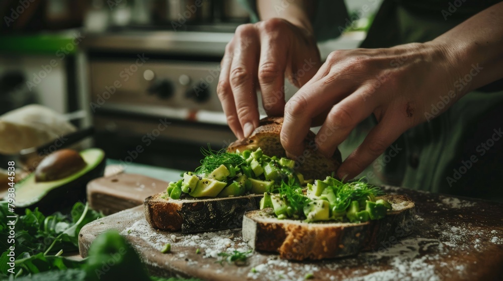 An intimate shot of hands preparing a vegan avocado toast, the rich green of the avocado against the rustic bread creating a simple yet compelling image.