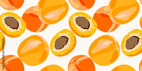 Simple vector seamless pattern with whole apricots ahd halfs on light background. photo