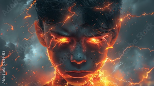 Angry young man surrounded by lightnings. Concept of negative emotions, aggression, and psychological problems. Guy in stressful situations. A flat modern illustration. © DZMITRY