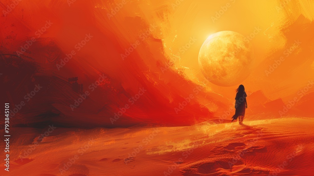 This is an illustration of a person feeling lost and alone, walking in the desert. A woman walking along her path in loneliness.