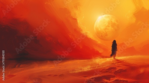 This is an illustration of a person feeling lost and alone  walking in the desert. A woman walking along her path in loneliness.