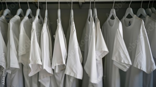 White women shirts hanging on rack in a warderobe photo