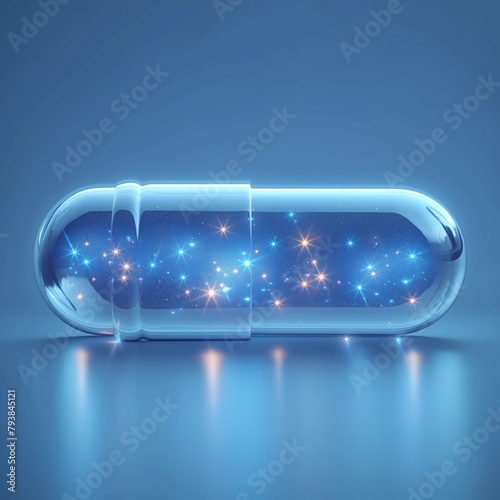 Futuristic capsule with cosmic sparkle, evoking advanced healthcare innovation. Shining stars inside imply magical, scientific discovery. Perfect for illustrating next-gen medical treatments.