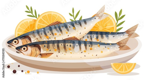 A colored flat modern illustration of Swedish cuisine isolated on a white background with an open can of Surstromming. Smelly Baltic herring. photo