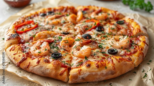 Seafood pizza segment with shrimp  black olives  bell pepper slices  cheese and tomato sauce. Isolated on white background. A realistic hand-drawn modern illustration.