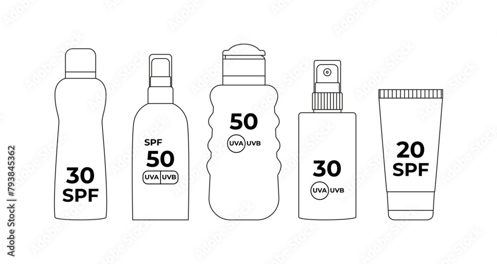 Linear SPF bottles and tubes. Sun screen and UV radiation protection. Skincare. Vacation. Outline logo, contour. Coloring page. Linear SPF bottles and tubes. Sun screen and UV radiation protection. Skincare. Vacation. Outline logo, contour. Coloring page.