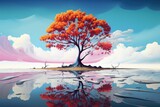 A lonely tree with a reflection in the water. Bright landscape, pop surrealism style. 