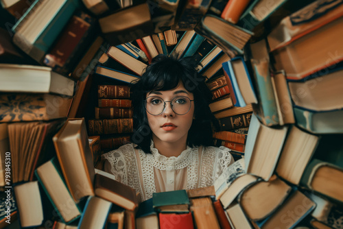 Creative portrait of a woman with glasses encircled by a plethora of books photo