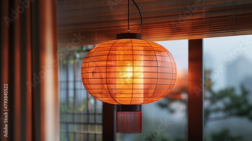 The traditional golden Chinese street lantern hanging on the chord is decorated with a decorative collapsible paper in China and Japan. This Asian fortune lamp is drawn in modern format and is photo