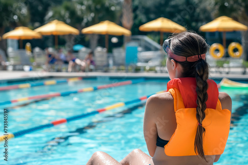 Vigilant female lifeguard wearing an orange vest oversees safety at a sunny outdoor swimming pool photo