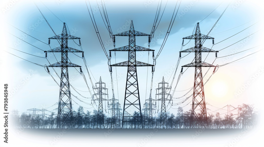 Power lines with high voltage cables and transmission towers. Electricity energy distribution powerlines with poles and wires. Flat modern illustration isolated on white. - obrazy, fototapety, plakaty 