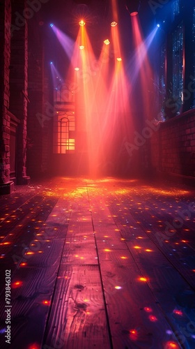 AI-generated illustration of the wooden floor illuminated with red and blue lights