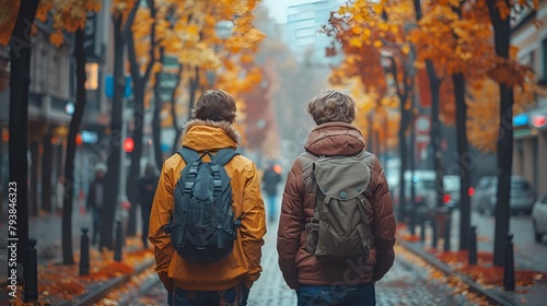 AI-generated illustration of two young men with backpacks strolling down a street during autumn