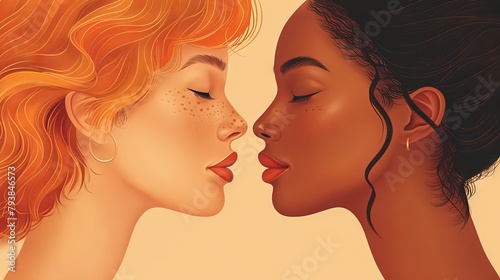 Modern biracial valentines. Gay women in romantic relationship. Flat graphic modern illustration isolated on white.