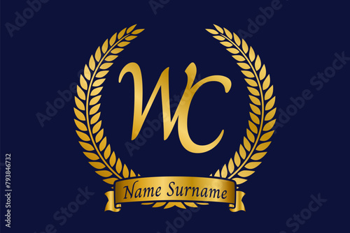 Initial letter W and C, WC monogram logo design with laurel wreath. Luxury golden calligraphy font.