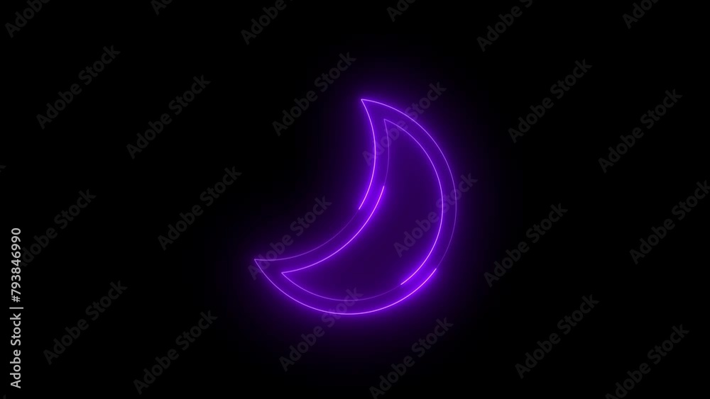 Neon glowing purple color quiet hours moon icon on black background animation Neon glowing purple color quiet hours moon icon on black background animation