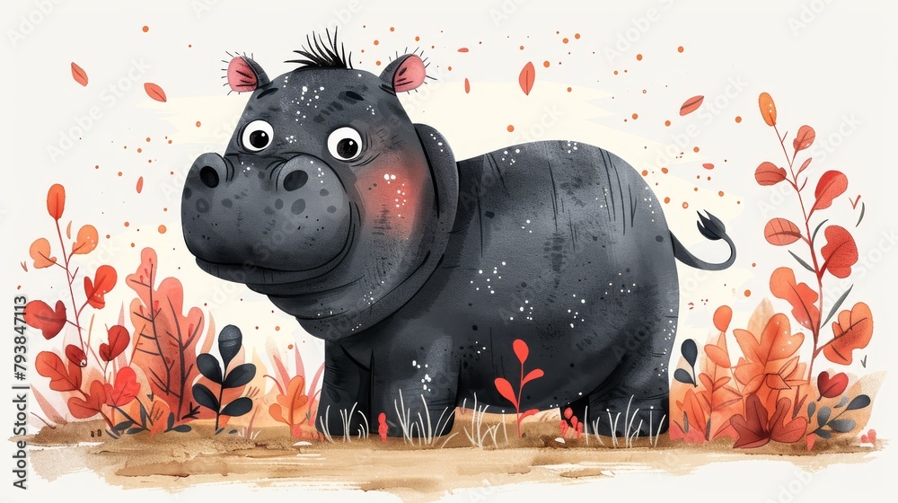 Baby hippo. Funny Scandinavian African tropical hippopotamus. Kawaii safari animal in Scandi nordic style. Older kids childish nursery flat modern illustration isolated on white. - obrazy, fototapety, plakaty 