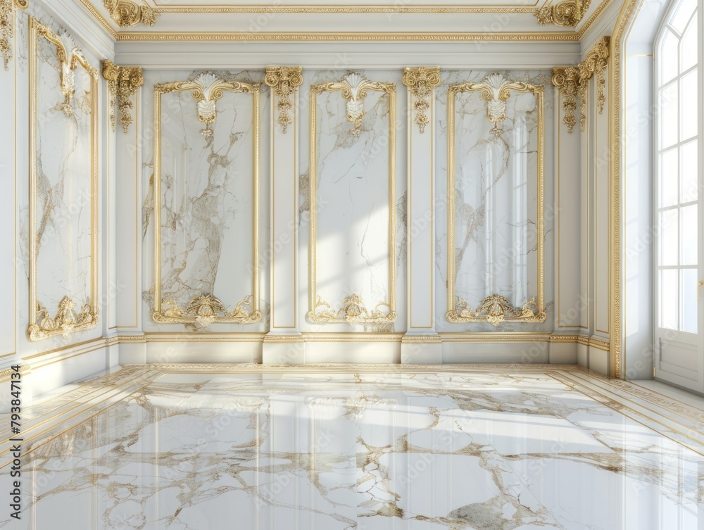 Luxurious white marble floor of a palace with beautiful gold