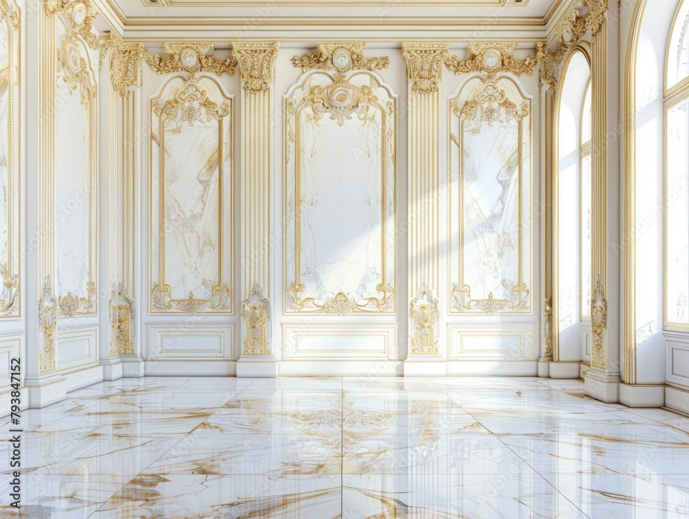 Luxurious white marble floor of a palace with beautiful gold