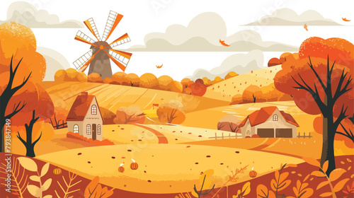 Autumn landscape with trees fields houses and windmil