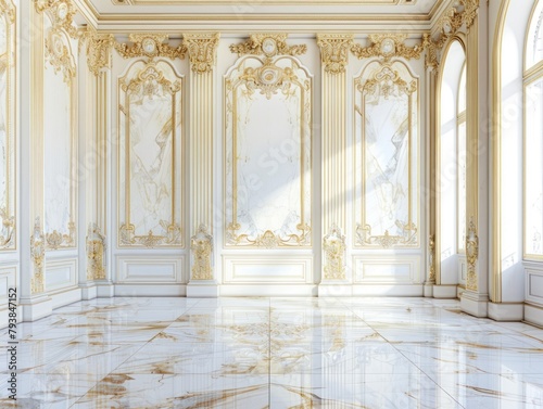 Luxurious white marble floor of a palace with beautiful gold