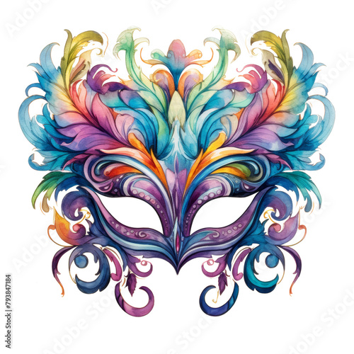Watercolor PNG Venetian carnival mask on a white transparent background. Symmetrical design with a variety of feathers in red, purple, blue and other vibrant colors creating a vibrant floral pattern. 