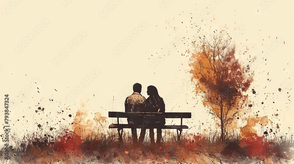 Decorative modern illustration of a couple sitting on a bench and hugging each other on the back. Romantic pair embracing each other from behind.